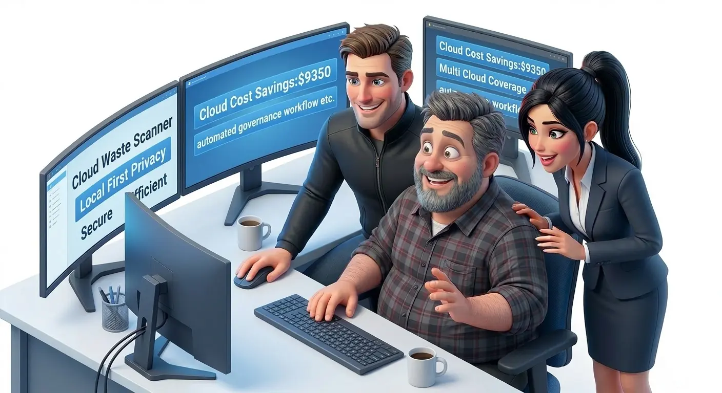 Jack, Rose, and Jerry reviewing a calm shared scan result in the GUI after Jerry runs Cloud Waste Scanner.