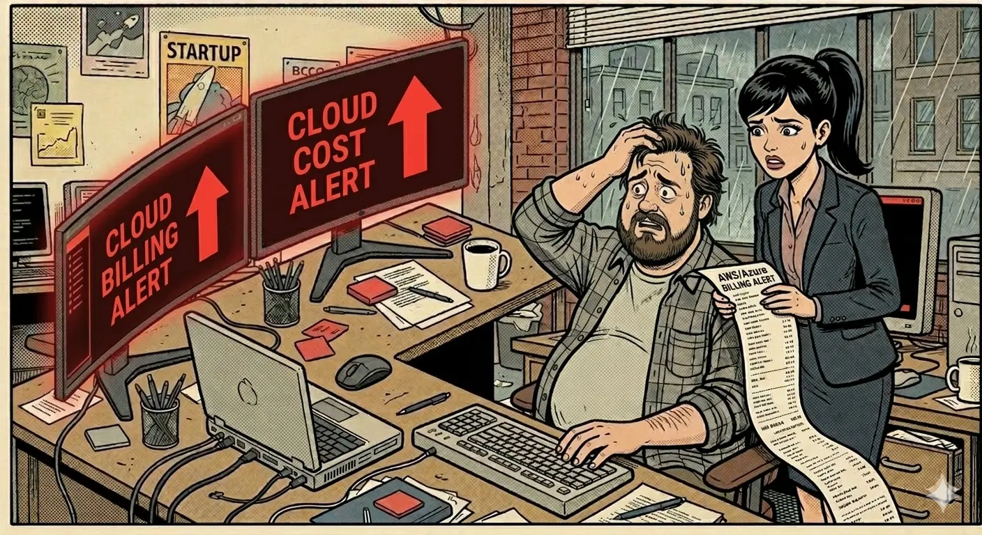 March billing review with Rose holding a cloud invoice while Jack realizes idle SLB resources were left active.