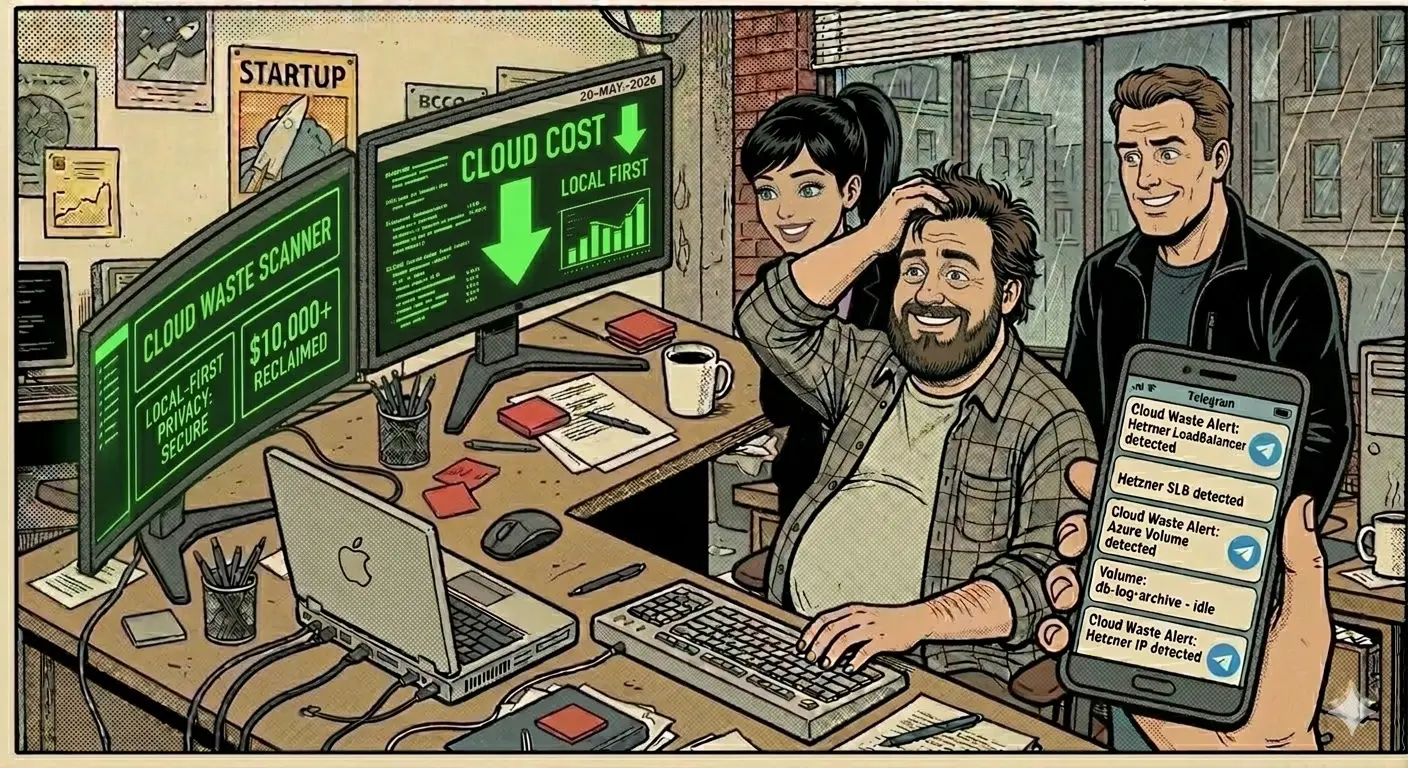 Jack, Rose, and Jerry seeing Telegram cloud waste alerts and finally resolving the monthly budget leak.