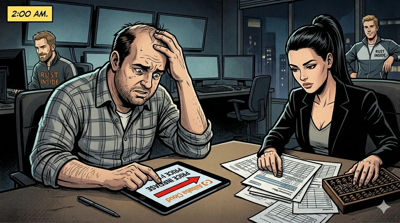 Jack and Rose looking stressed after a sudden cloud price-hike notice before budget review.