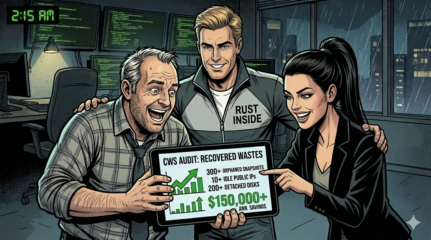 Jack, Rose, and Jerry reviewing findings with relief after identifying reclaimable cloud spend.