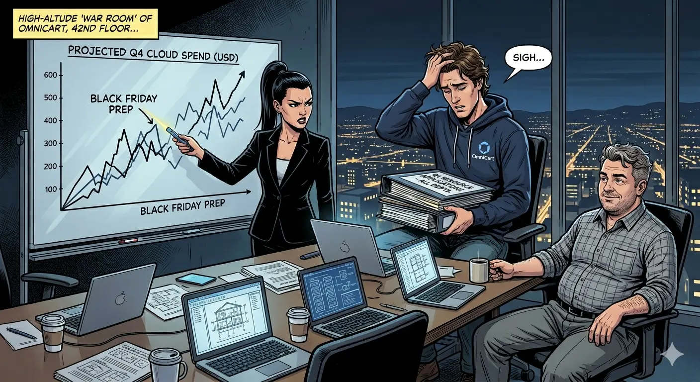 Jack, Rose, and Jerry discussing budget pressure and holiday traffic plans in the war room.