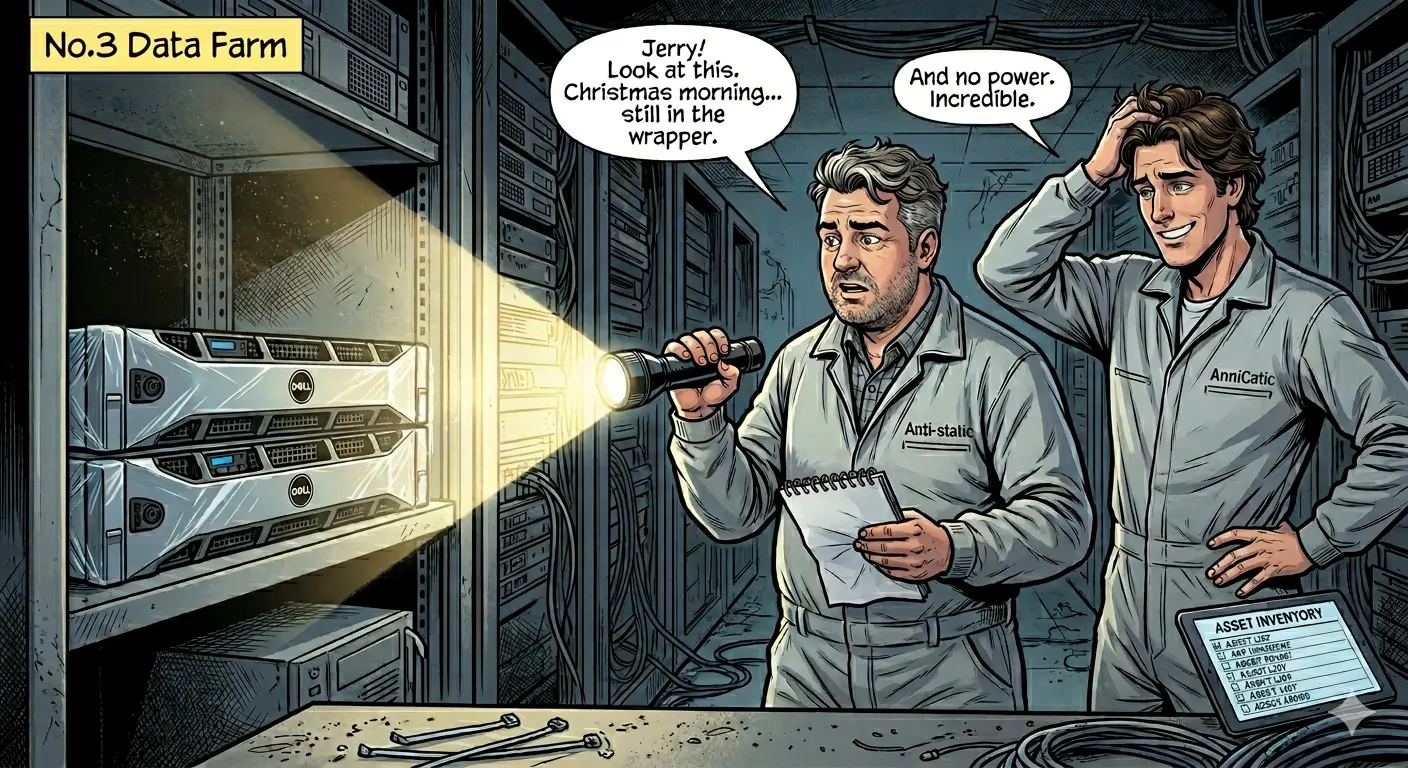 Jack and Jerry checking hardware inventory and asset labels in the server room.
