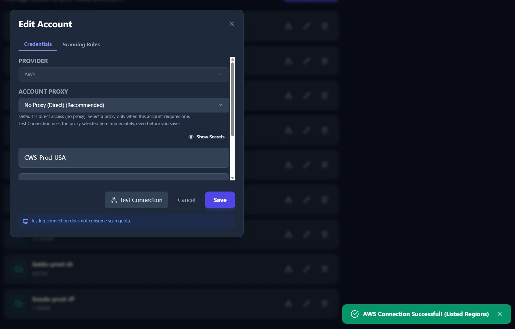Cloud account edit panel with successful Test Connection result.