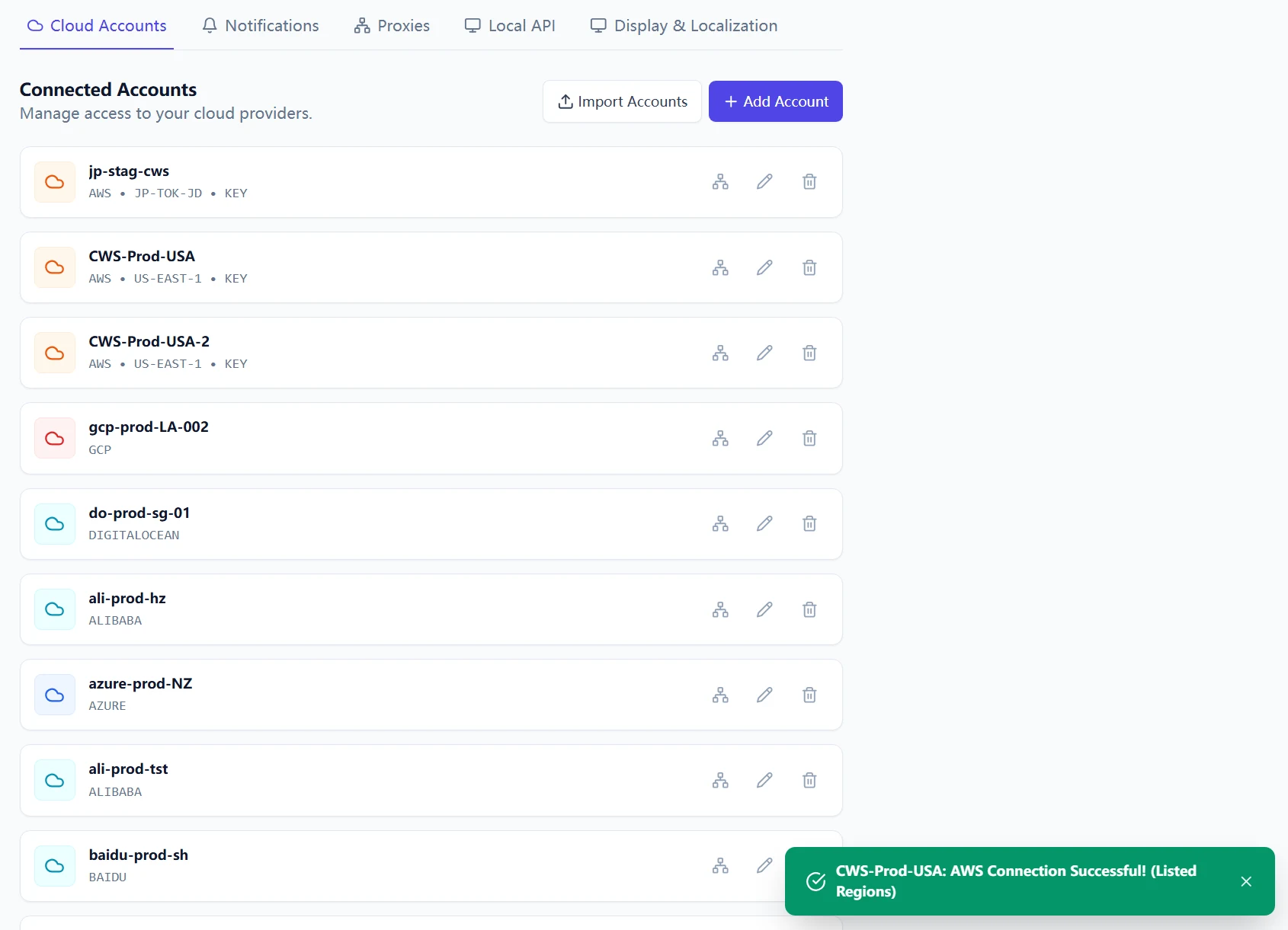 Cloud account editor with successful connection test and assigned proxy route.
