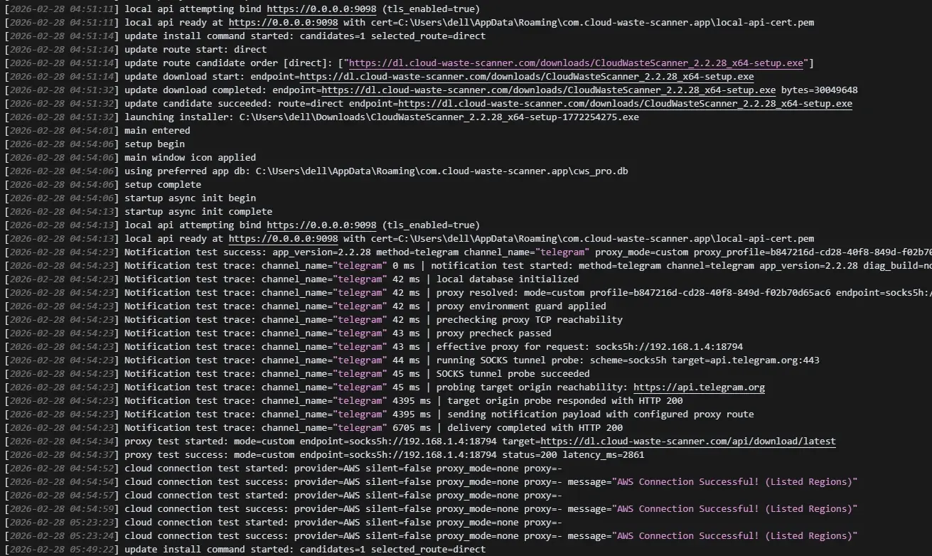 cws.log diagnostics output with UTC timestamps, stage, and reason fields.