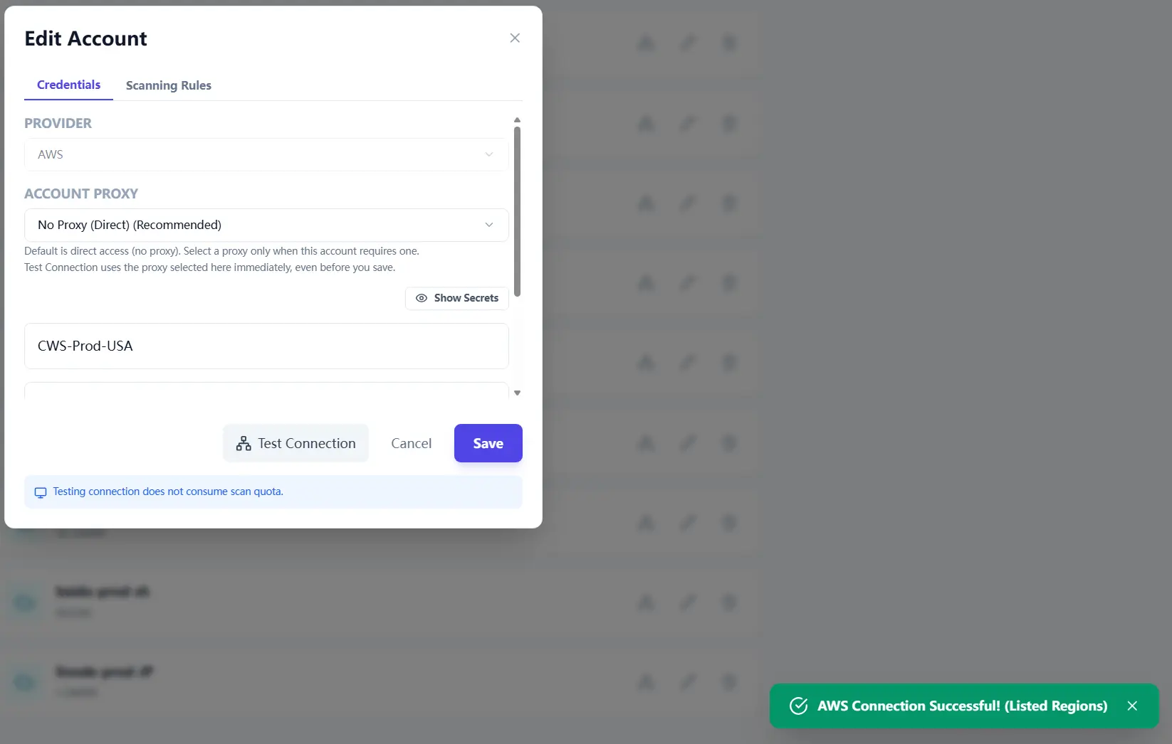 Edit Account panel showing credentials and the Test Connection action.