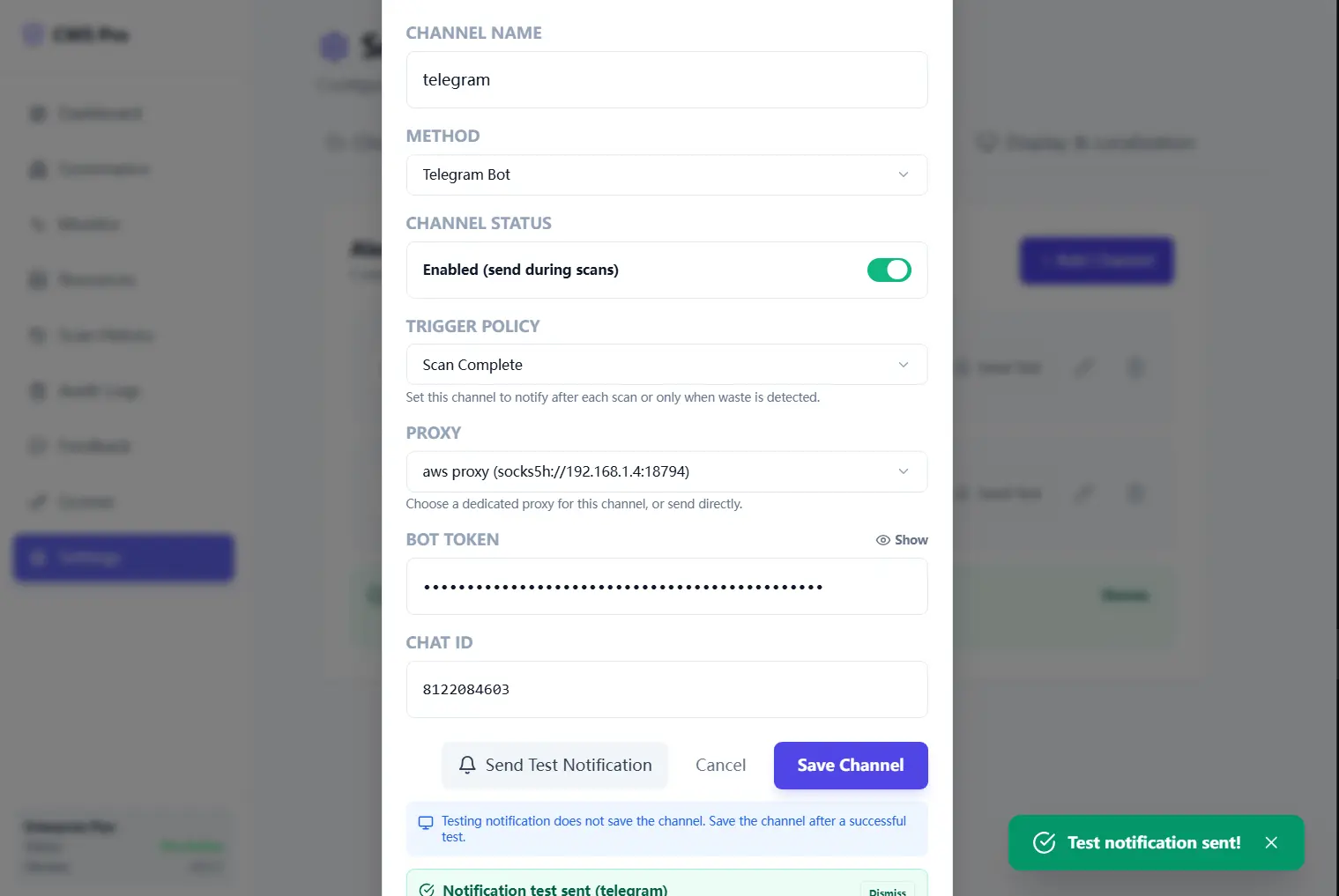 Notification channel form with trigger policy and test notification result.
