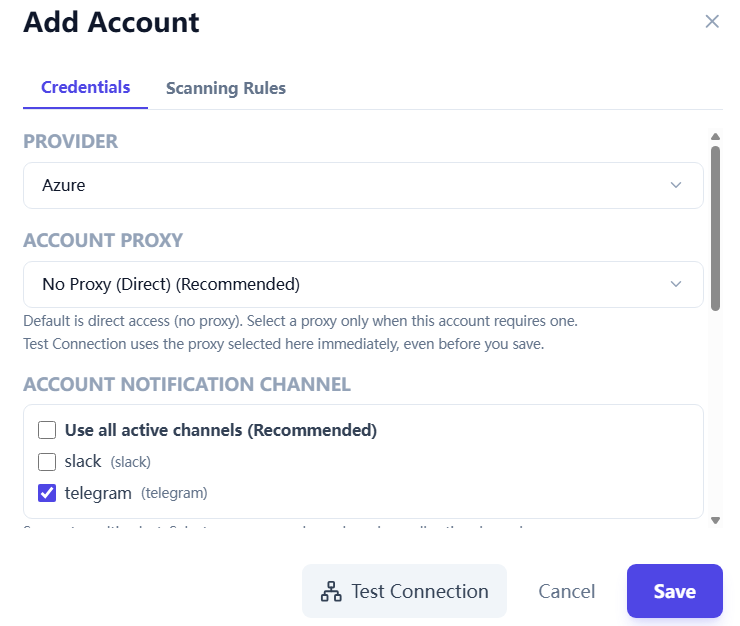 Add Account panel showing provider, account proxy, and account notification channel multi-select.