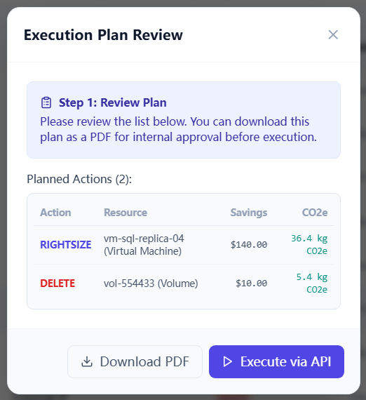 Execution Plan Review modal showing planned actions and Execute via API button.
