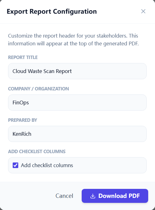 Export Report Configuration modal with Add checklist columns option.