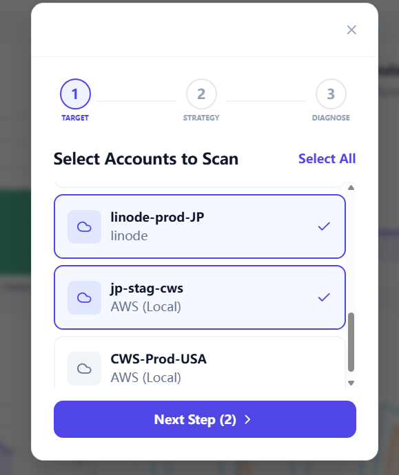 Scan wizard target step selecting accounts for the next scan.