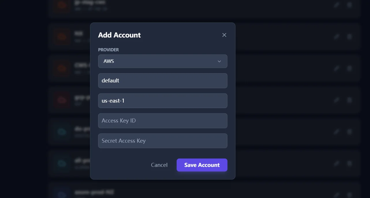 Cloud account setup and connection test before scanning storage resources.