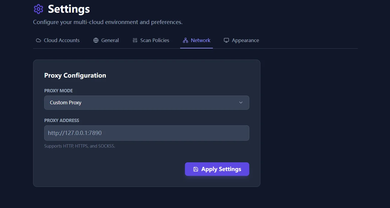 Network settings and proxy configuration used during connectivity validations.
